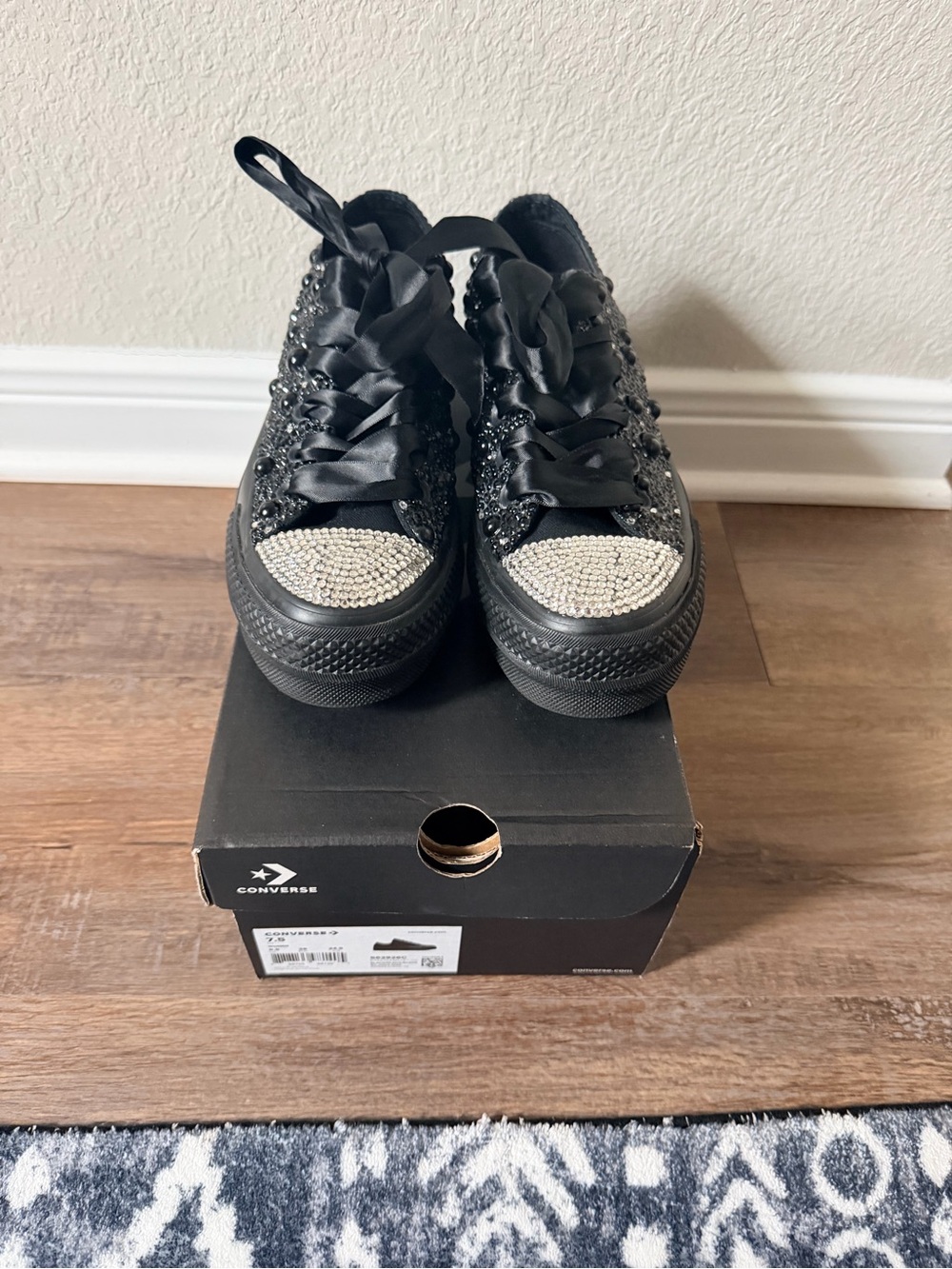 Converse Black Platform Sneakers with Black and Clear Rhinestones